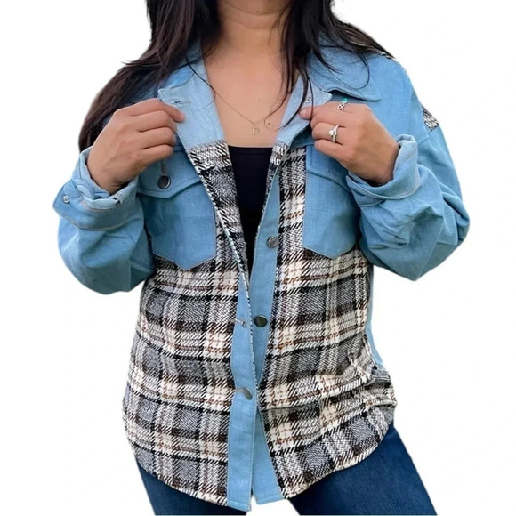Plaid patchwork on light denim jacket XL NWT shirt - Picture 1 of 8